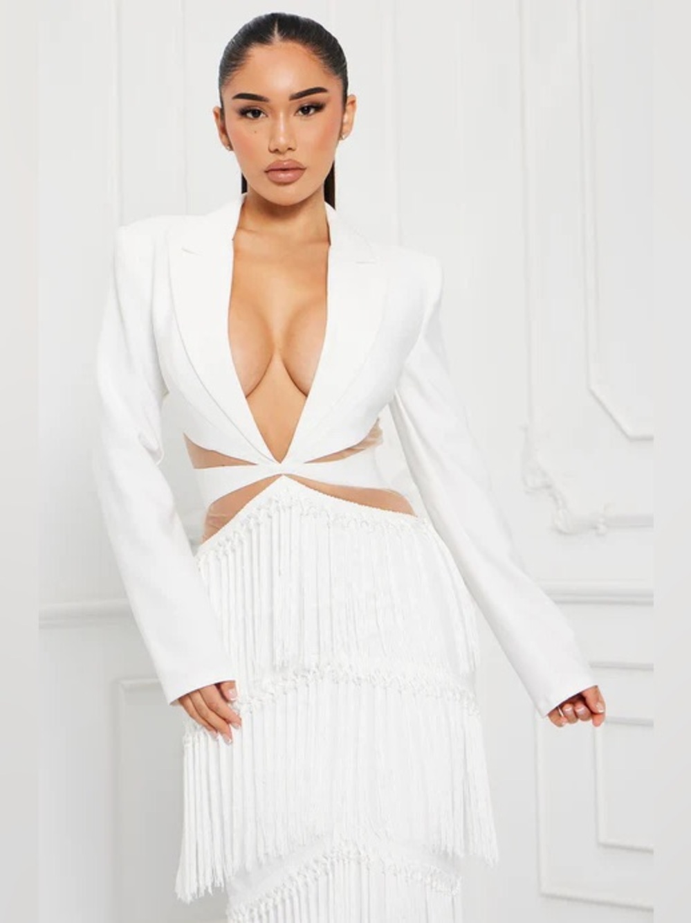 Fashion Nova Gown Deep V Plunge Fringe Plunge Day Night Gown - Picture 3 of 16